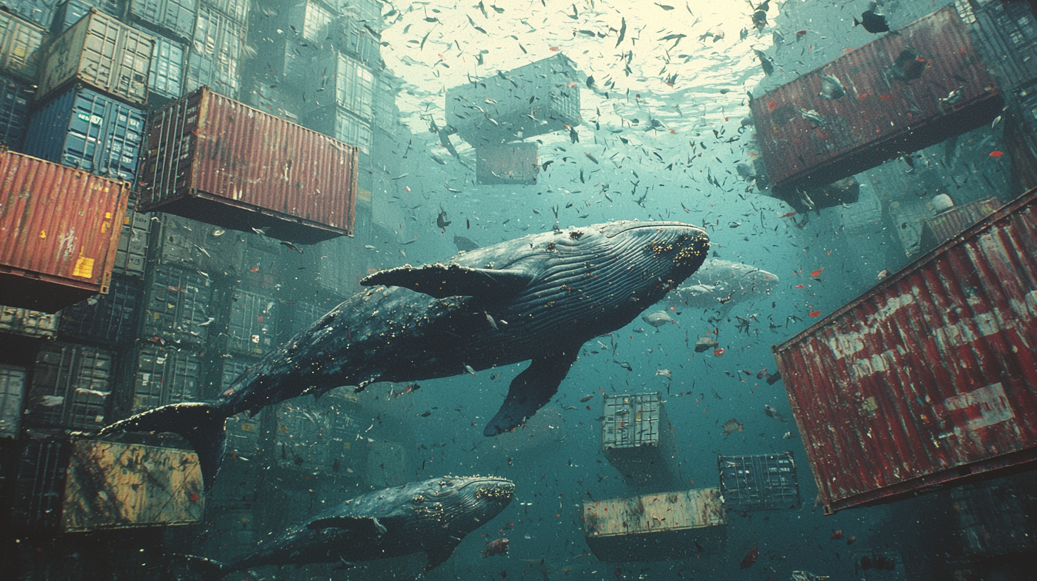 A whale swimming with shipping containers that have polluted the oceans.