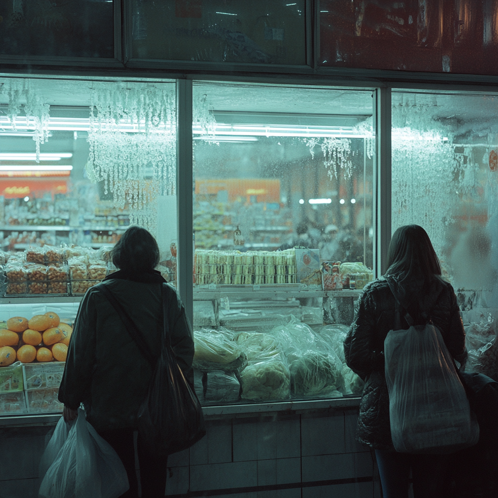 Two people starring longingly into a grocery store.