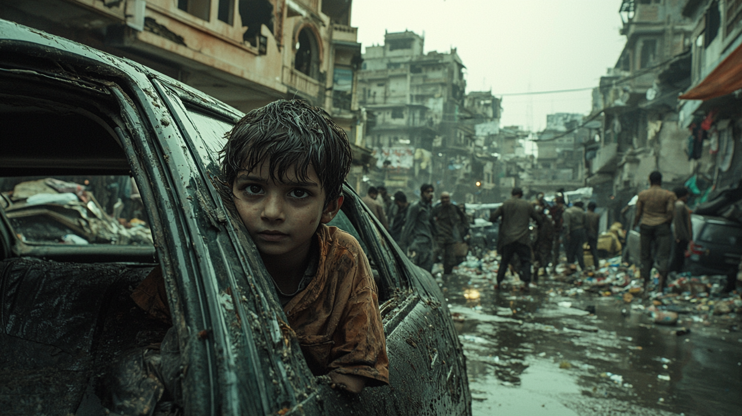 A small child hiding in an abandoned car.